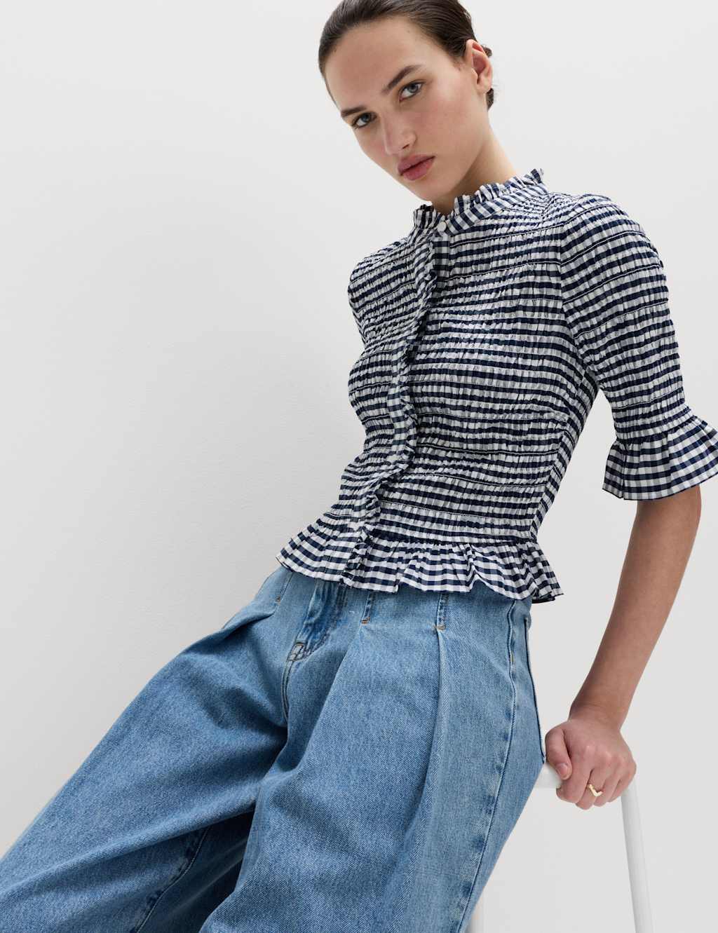 M&S Women's Pure Cotton Checked Shirred Shirt - 16 - Blue Mix