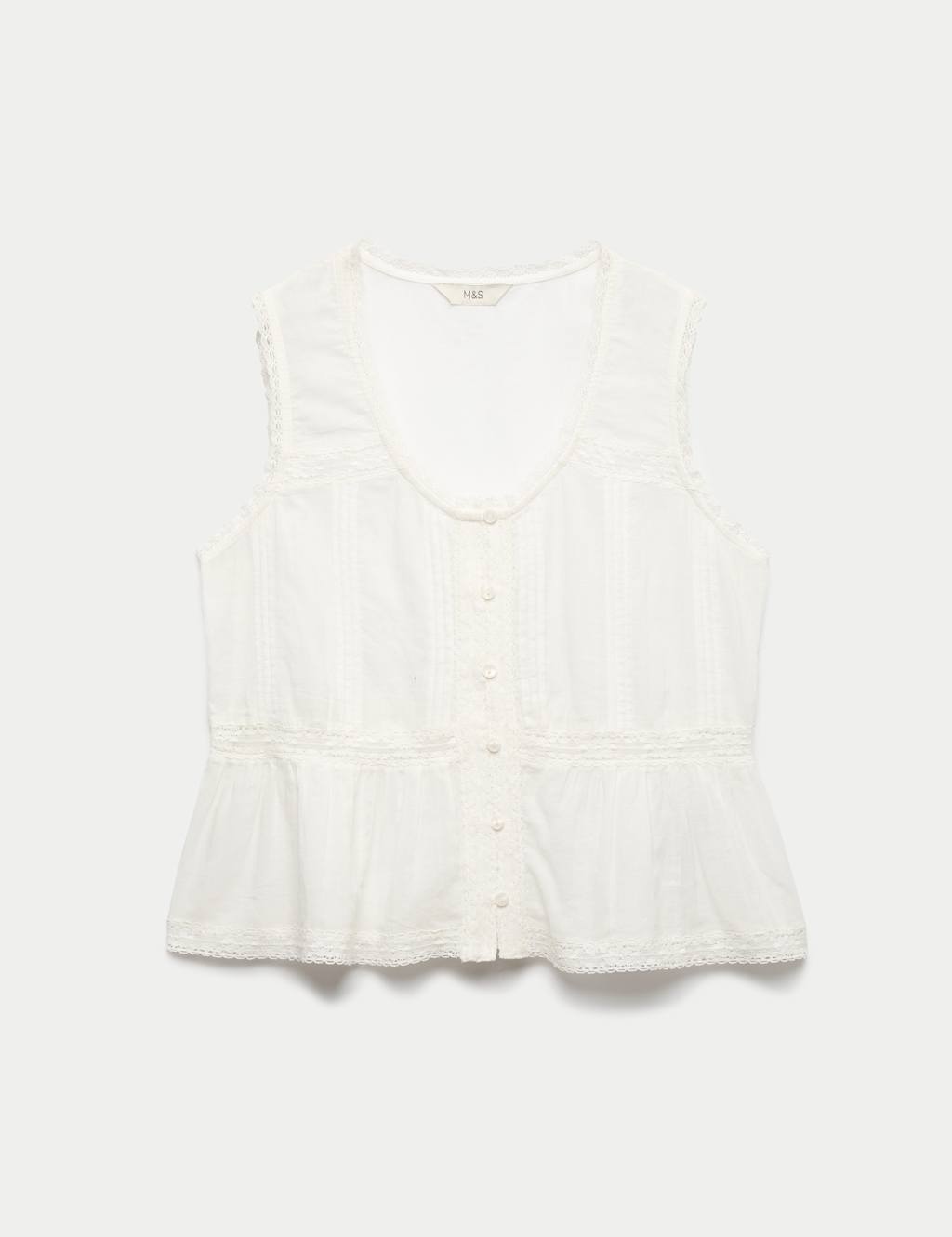 M&S Women's Pure Cotton Lace Insert Peplum Top - 16 - Soft White