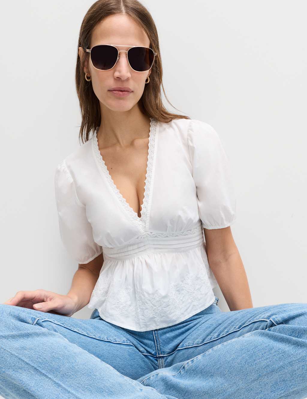 M&S Women's Pure Cotton Embroidered V-Neck Blouse - 22 - Soft White
