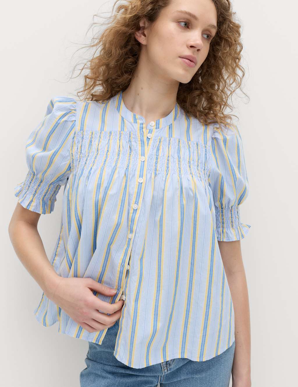 M&S Women's Pure Cotton Striped Shirred Blouse - 14 - Yellow Mix