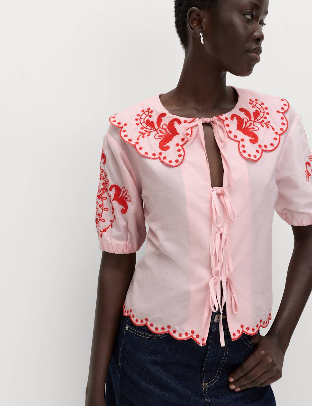 M&S Women's Pure Cotton Embroidered Collared Blouse - 12 - Pink Mix