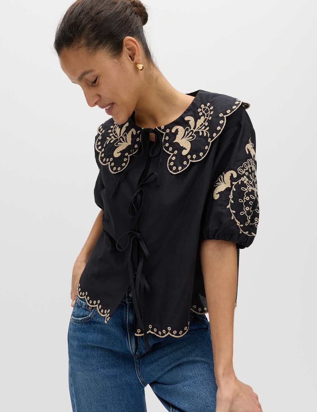 M&S Women's Pure Cotton Embroidered Collared Blouse - 6 - Black Mix