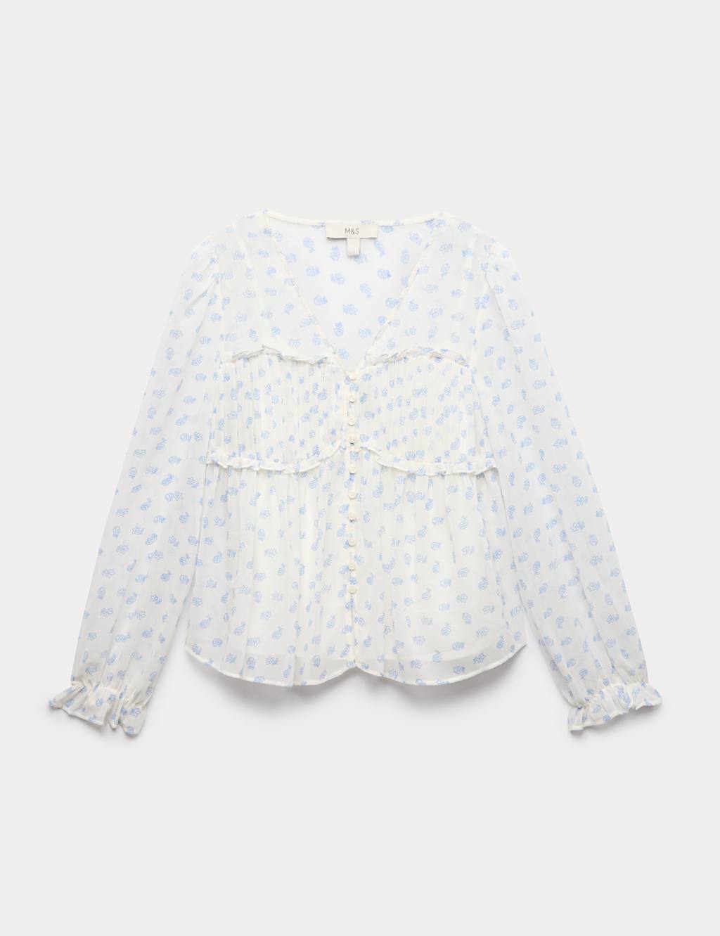 M&S Women's V-Neck Ruffle Detail Long Sleeve Blouse - 20 - White Mix