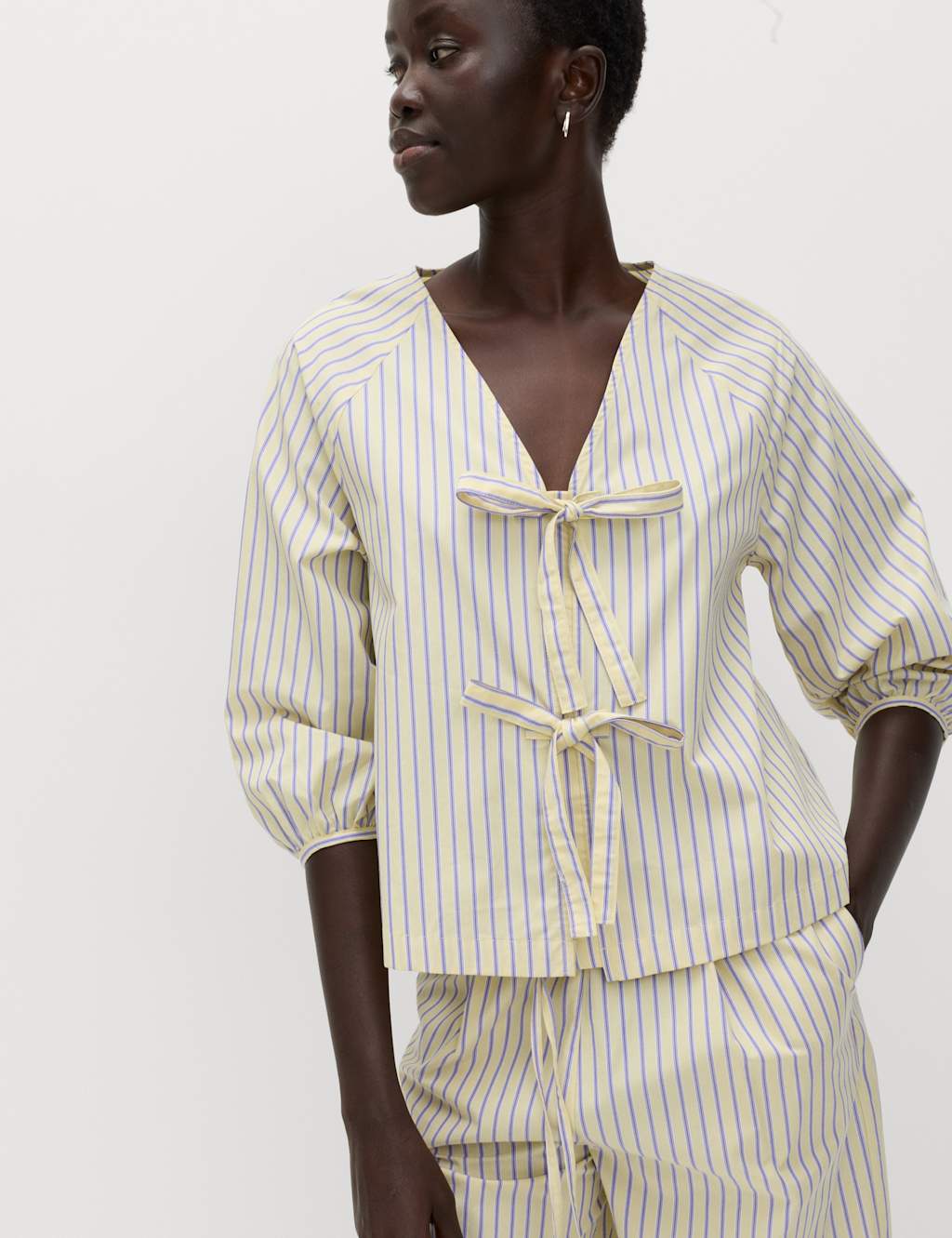 M&S Women's Pure Cotton Striped Tie Front Blouse - 8 - Yellow Mix