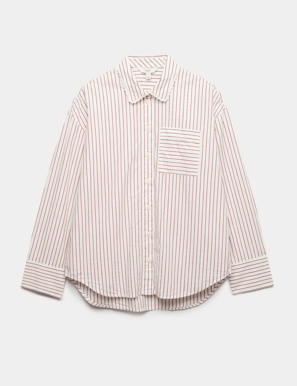 M&S Women's Pure Cotton Striped Lace Oversized Shirt - 12 - Red Mix