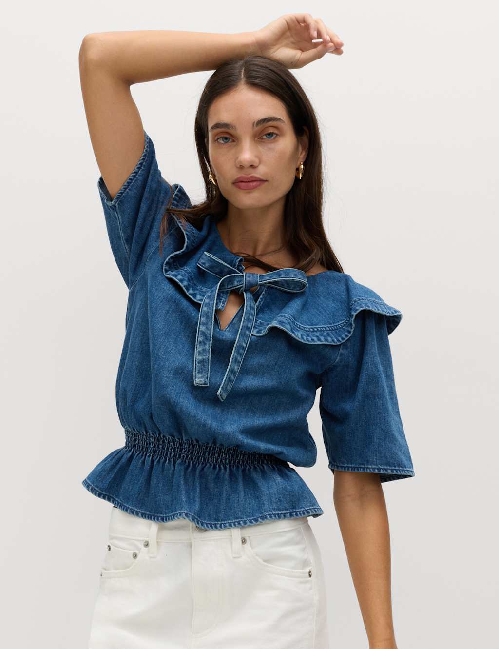 M&S Women's Denim Ruffled Blouse - 22 - Blue Denim