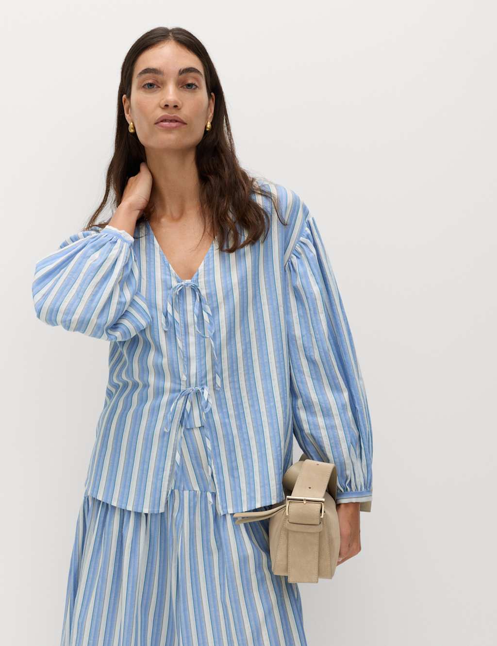 M&S Women's Pure Cotton Striped Tie Front Blouse - 18 - Blue Mix