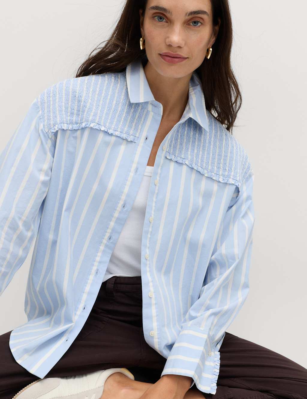 M&S Women's Pure Cotton Shirred Striped Shirt - 12 - Blue Mix