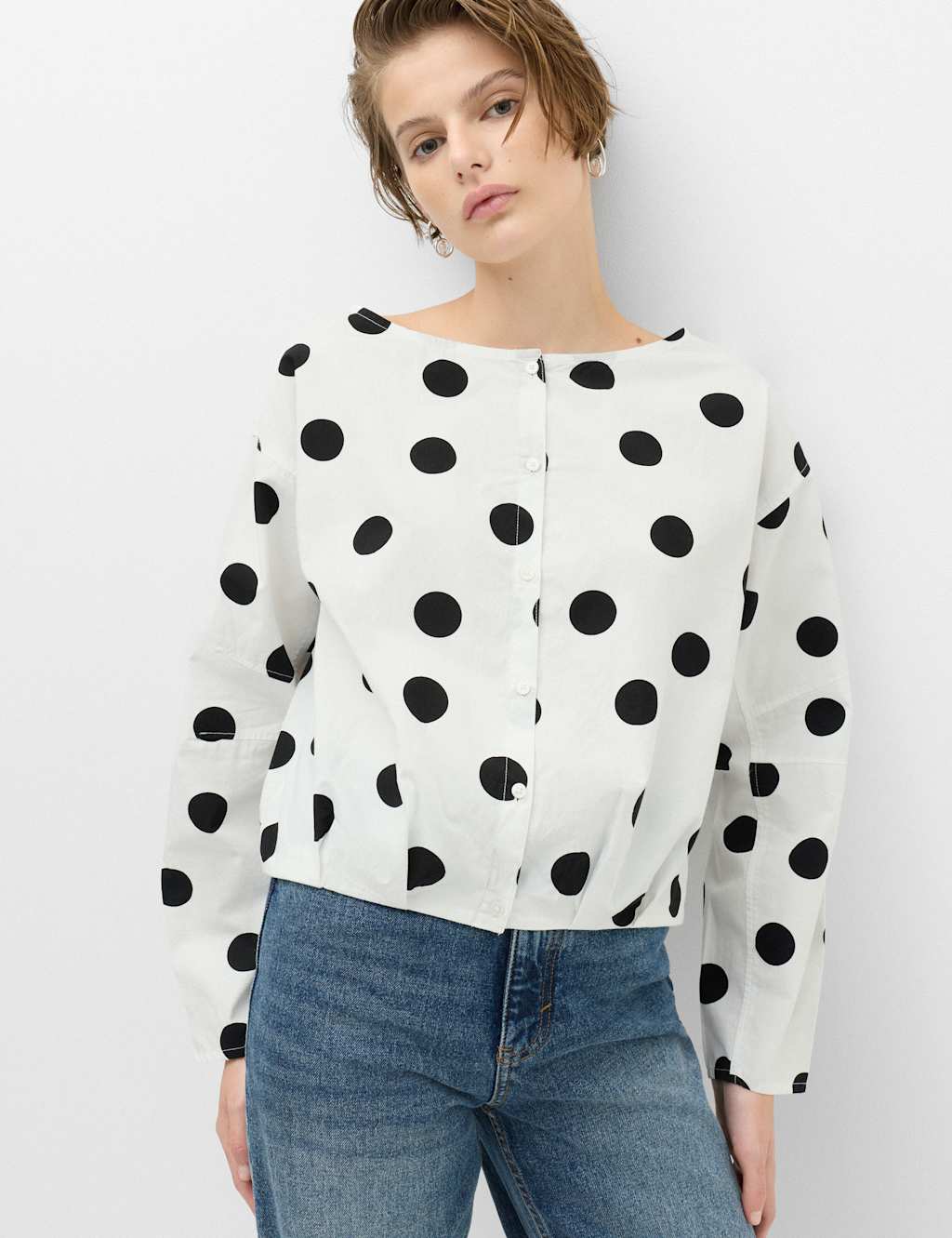 M&S Women's Pure Cotton Polka Dot Barrel Sleeve Blouse - 12 - Black Mix