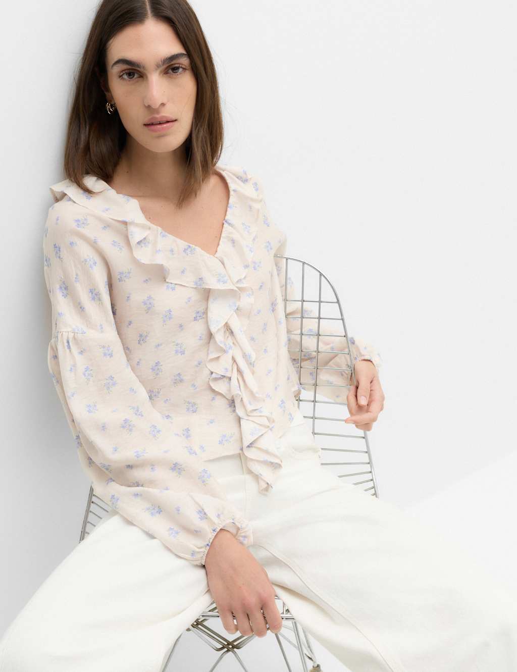M&S Women's Lyocell Rich Floral Ruffle Detail Blouse - 10 - Ivory Mix