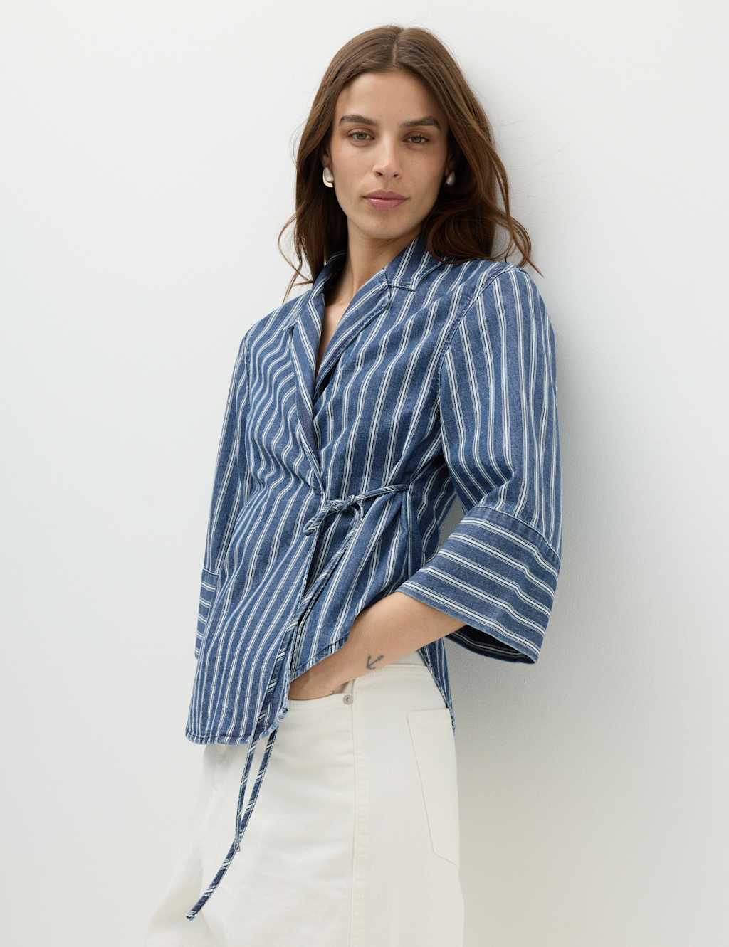 M&S Women's Denim Striped Wrap Shirt - 14 - Blue Denim