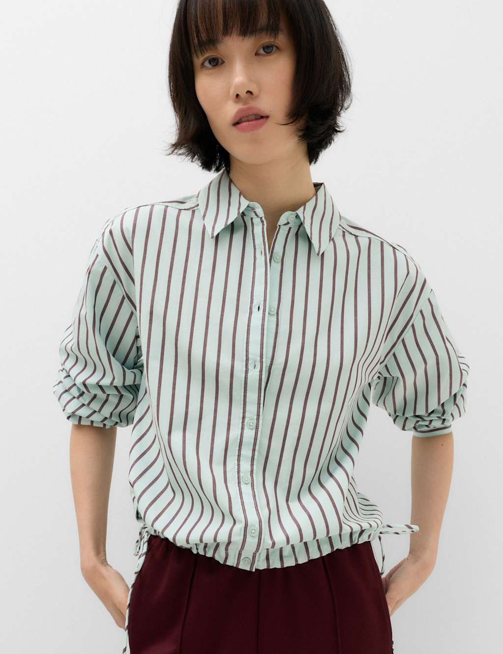 M&S Women's Pure Cotton Striped Collared Cropped Shirt - 10 - Blue Mix
