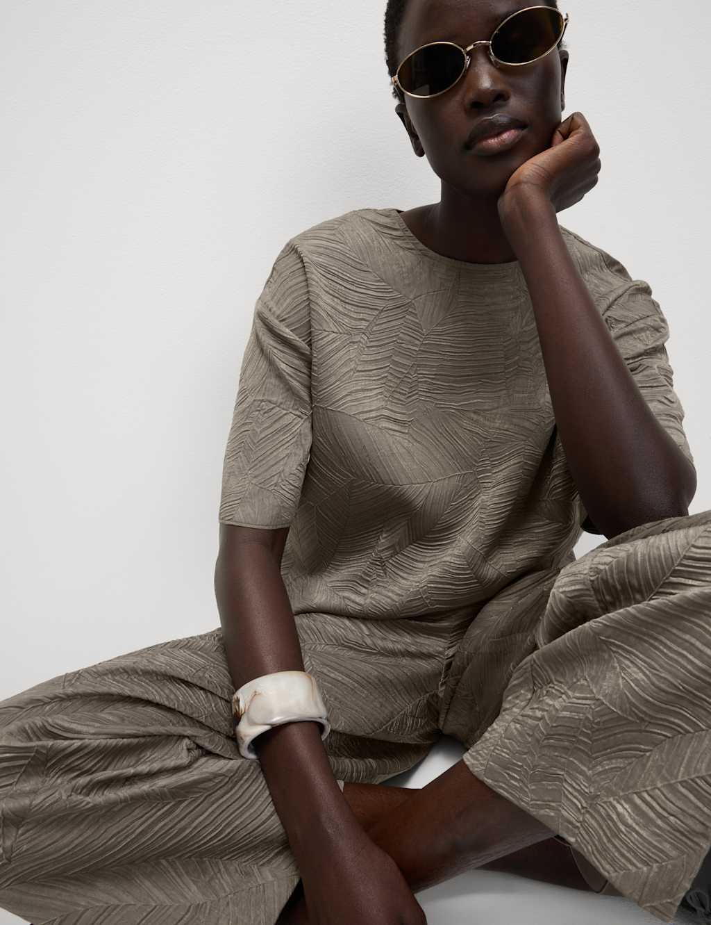 M&S Textured Round Neck T-Shirt Mocha