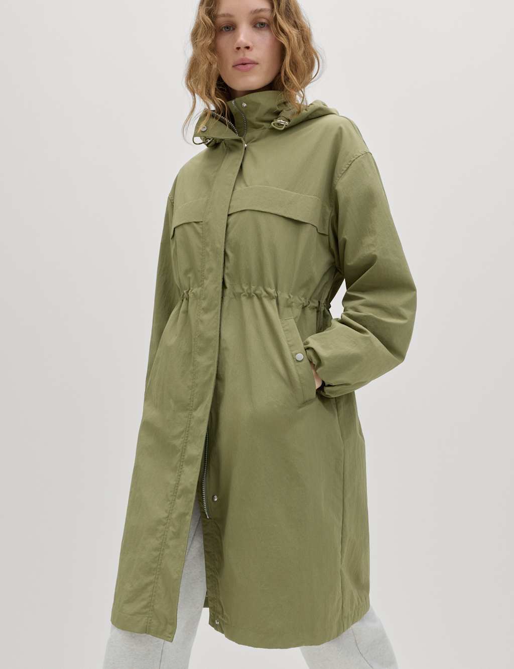 M&S Women's Shower Resistant Lightweight Hooded Longline Utility Parka - Large - Sage