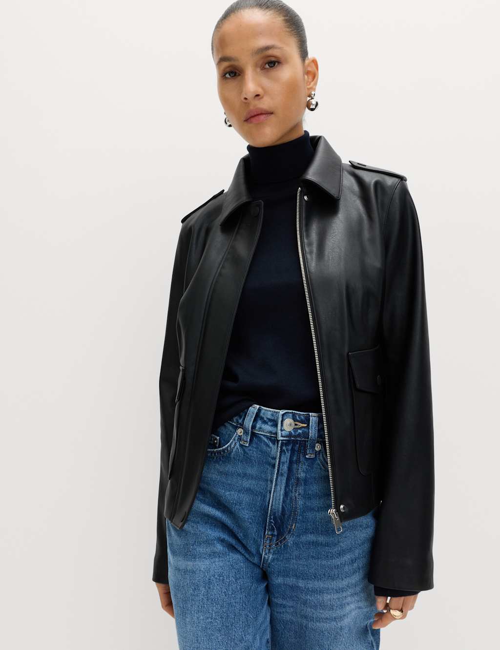 M&S Women's Faux Leather Harrington Jacket - 6 - Black