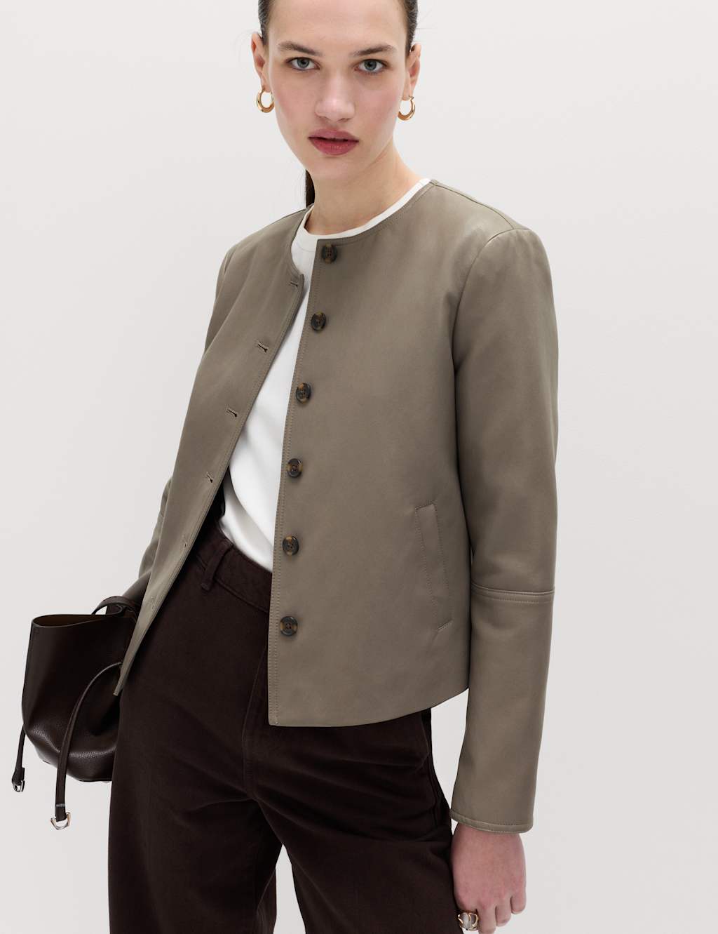 M&S Women's Faux Leather Collarless Jacket - 6 - Mocha