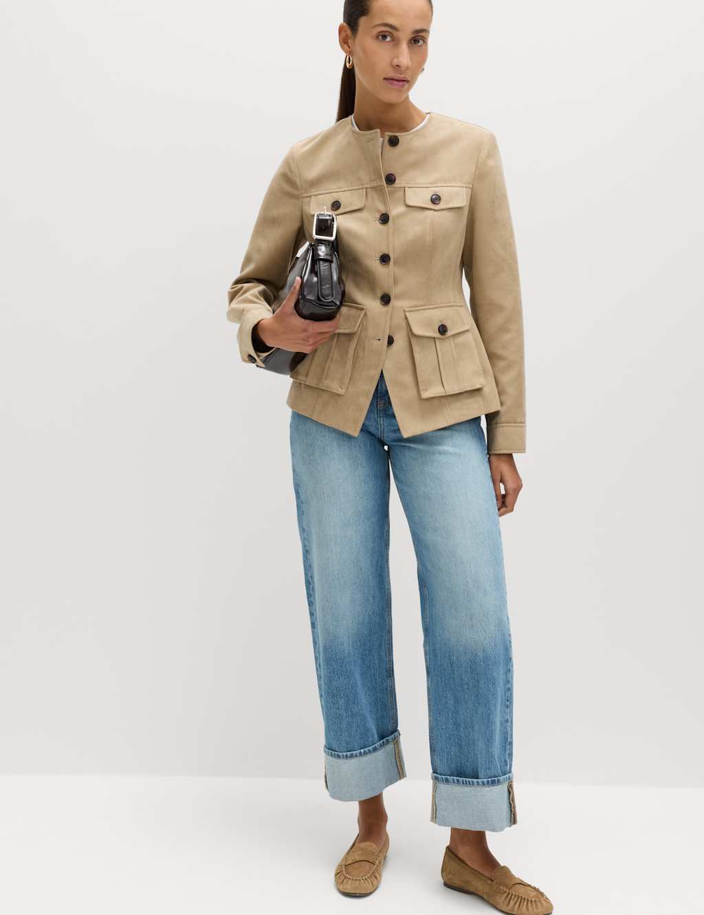 M&S Women's Suedette Colarless Utility Jacket - 14 - Natural Beige