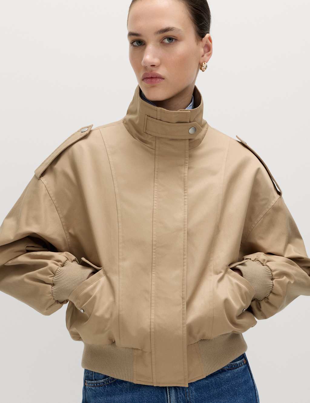 M&S Women's Cotton Rich Satin Look Bomber Jacket - Medium - Natural Beige