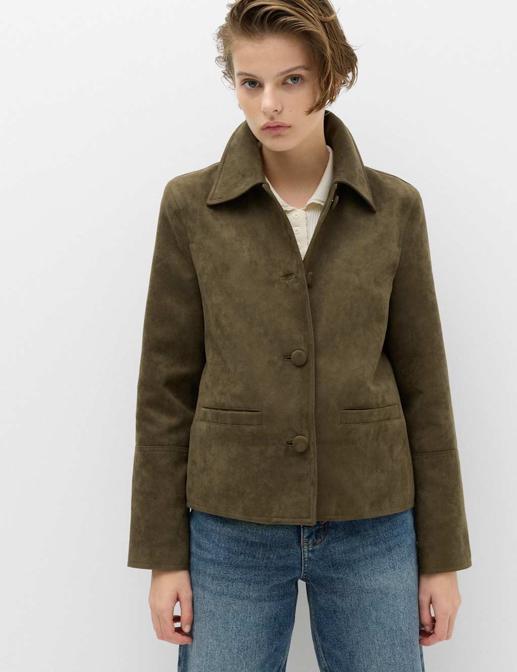 M&S Women's Suedette Button Through Short Jacket - 12 - Olive