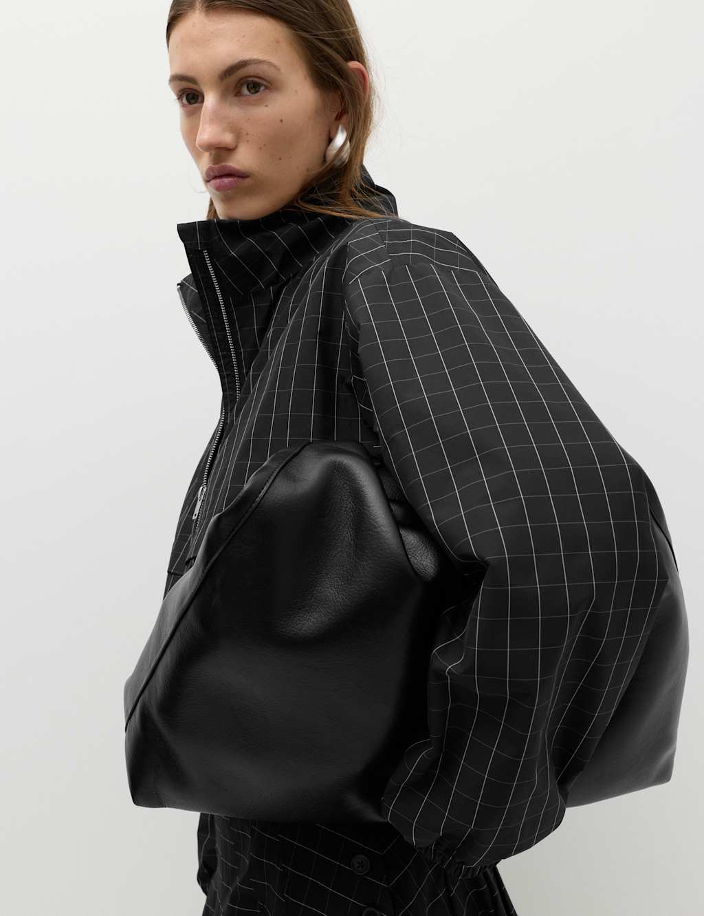 M&S Women's Checked Funnel Neck Windbreaker Jacket - Large - Black