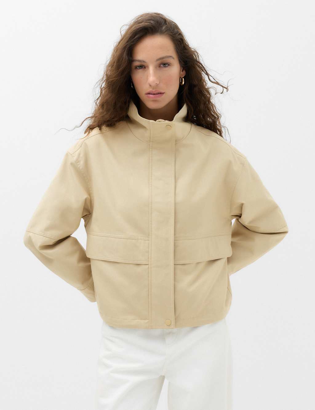 M&S Women's Cotton Rich Funnel Neck Parka Coat - 12 - Beige