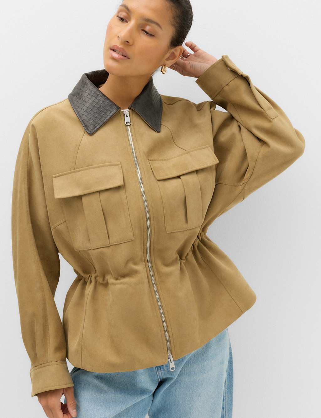 M&S Women's Suedette Collared Peplum Utility Jacket - Large - Tan