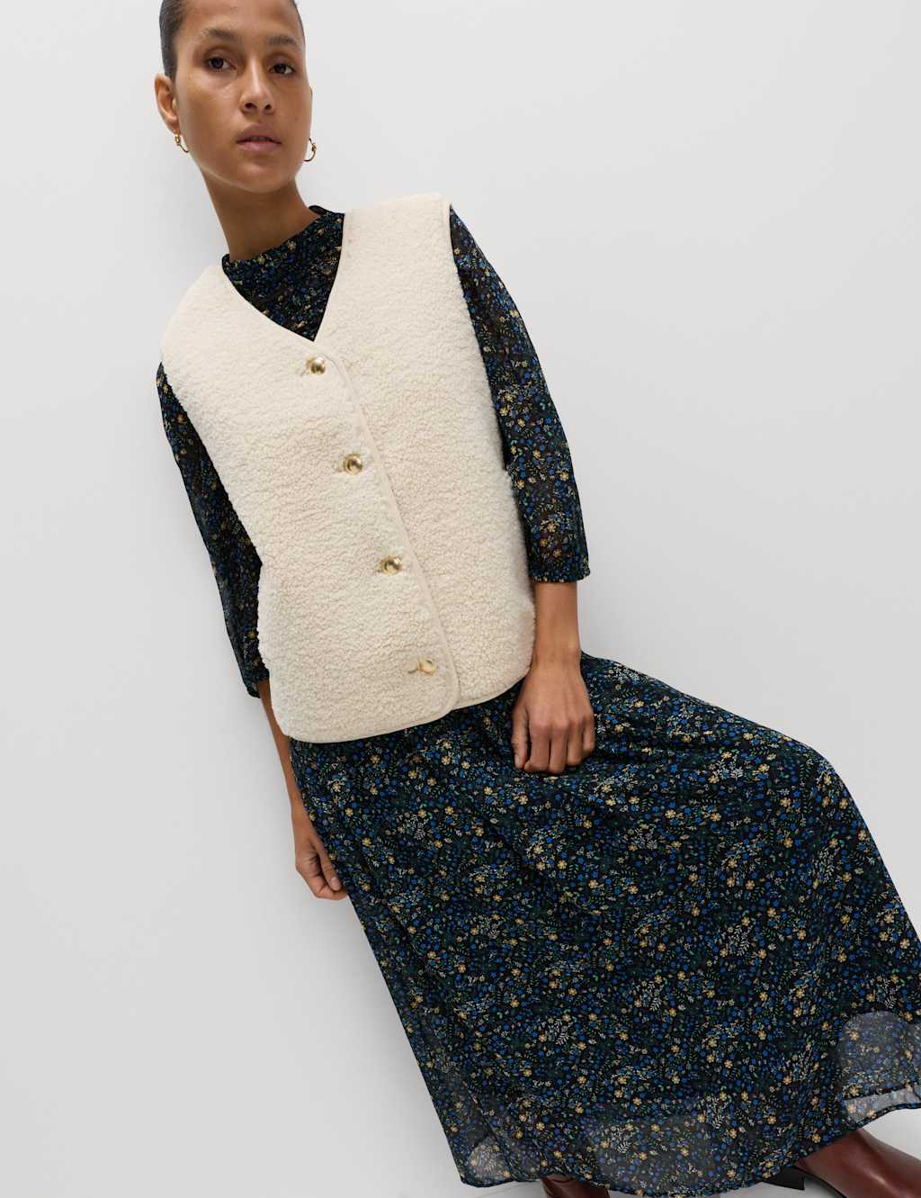 M&S Borg Button Through Gilet Beige