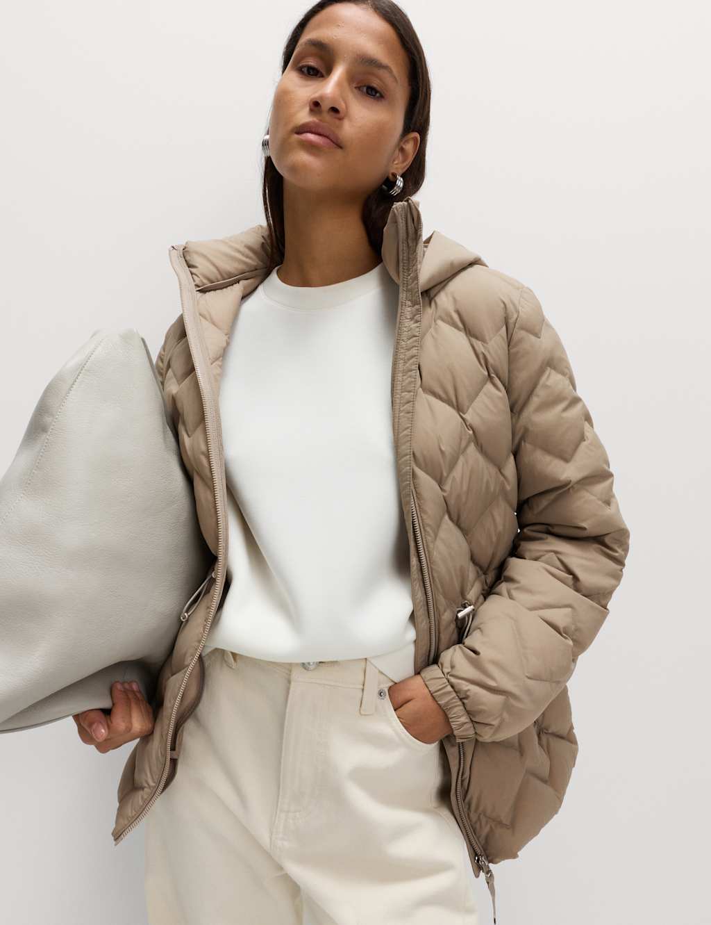 M&S Feather & Down Zig Zag Quilted Jacket Putty