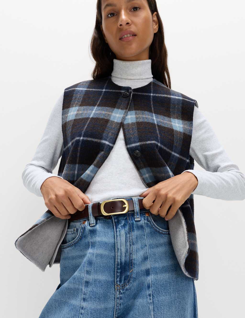 M&S Wool Blend Checked Button Through Gilet Brown Mix