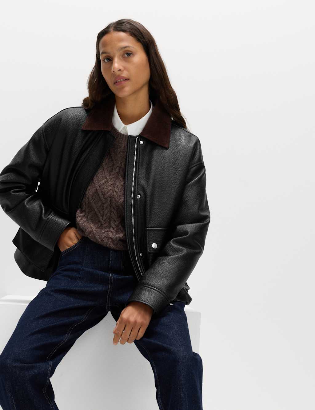 M&S Faux Leather Padded Corduroy Collar Jacket Black