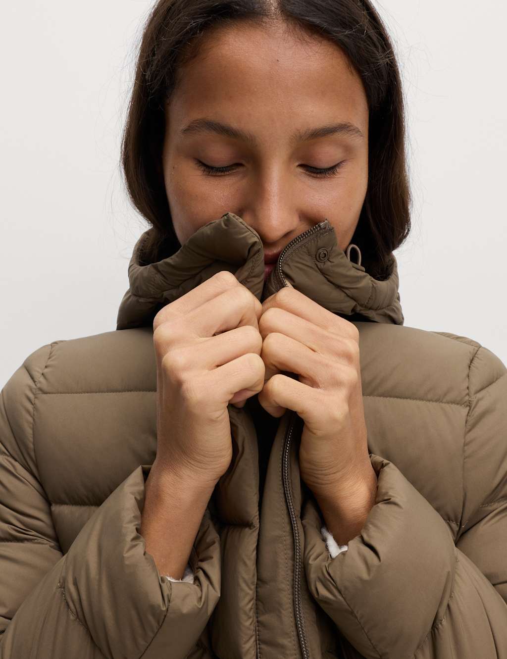 M&S Feather & Down Hooded Duvet Coat Olive