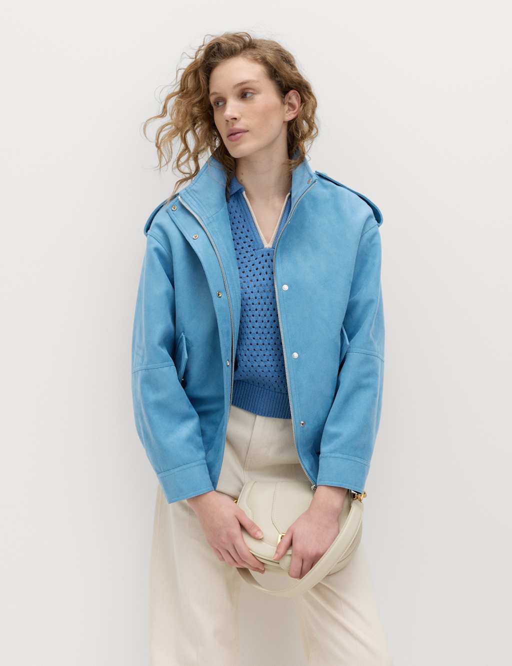 M&S Women's Suedette Funnel Neck Bomber Jacket - Large - Mid Blue
