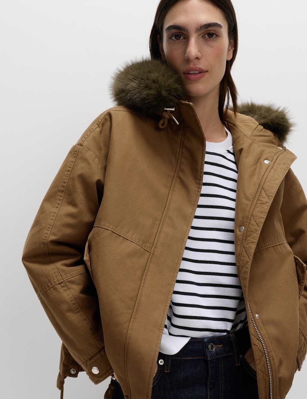 M&S Pure Cotton Faux Fur Trim Parka Coat Brown