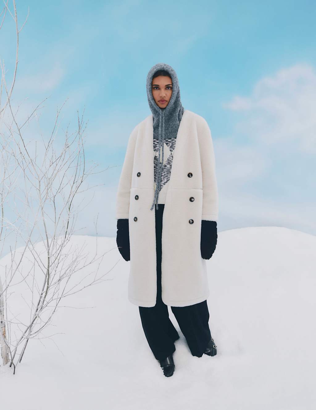 M&S Borg Collarless Double Breasted Longline Coat Ivory