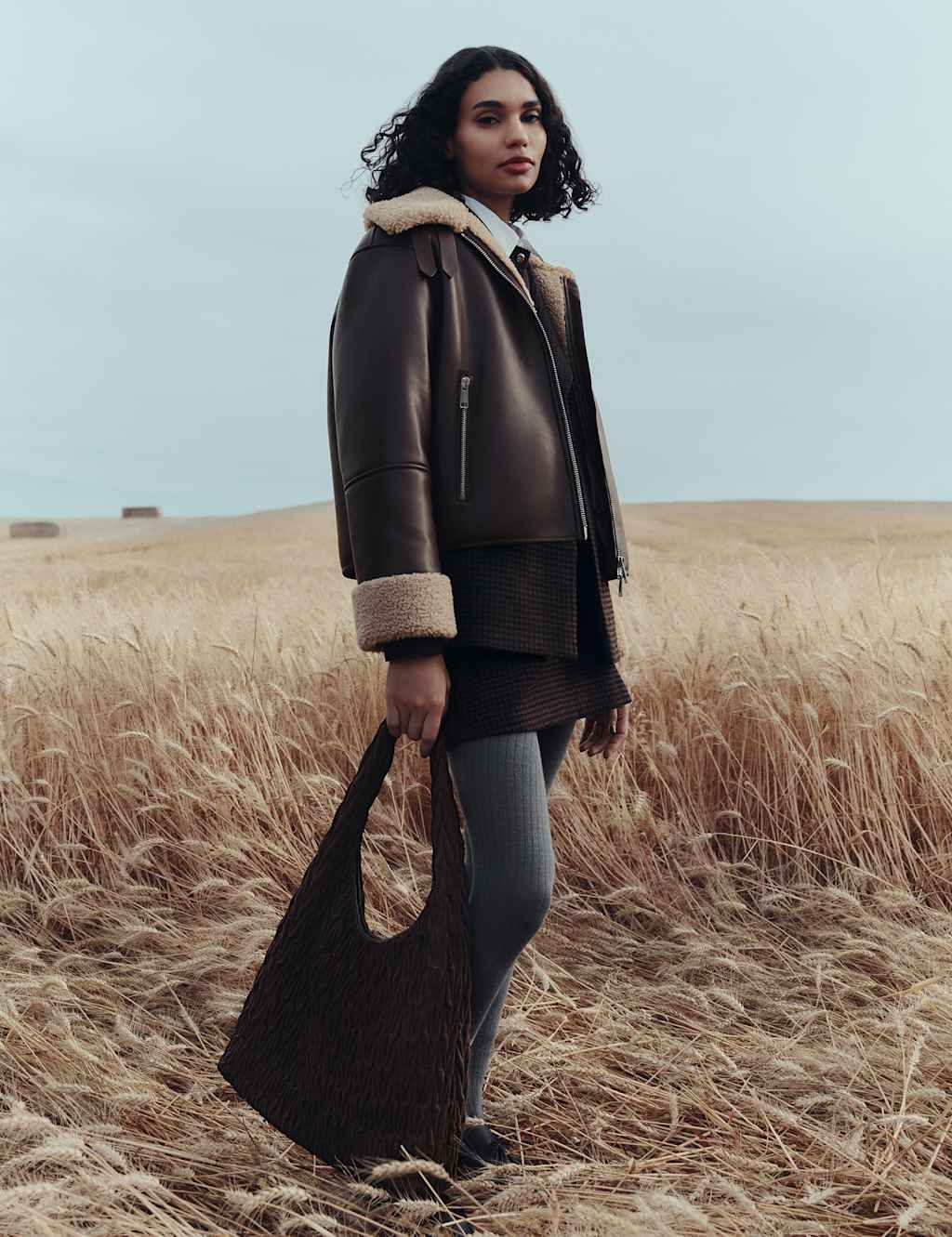 M&S Faux Shearling Buckle Detail Aviator Jacket Dark Chocolate