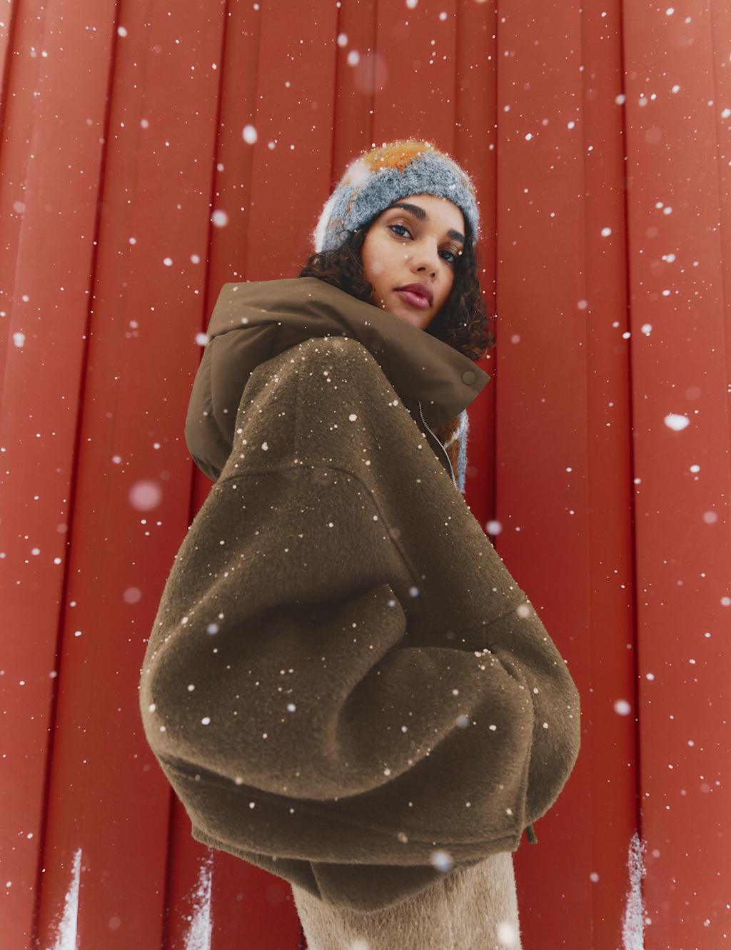 M&S Wool Blend Textured Padded Hood Jacket Brown