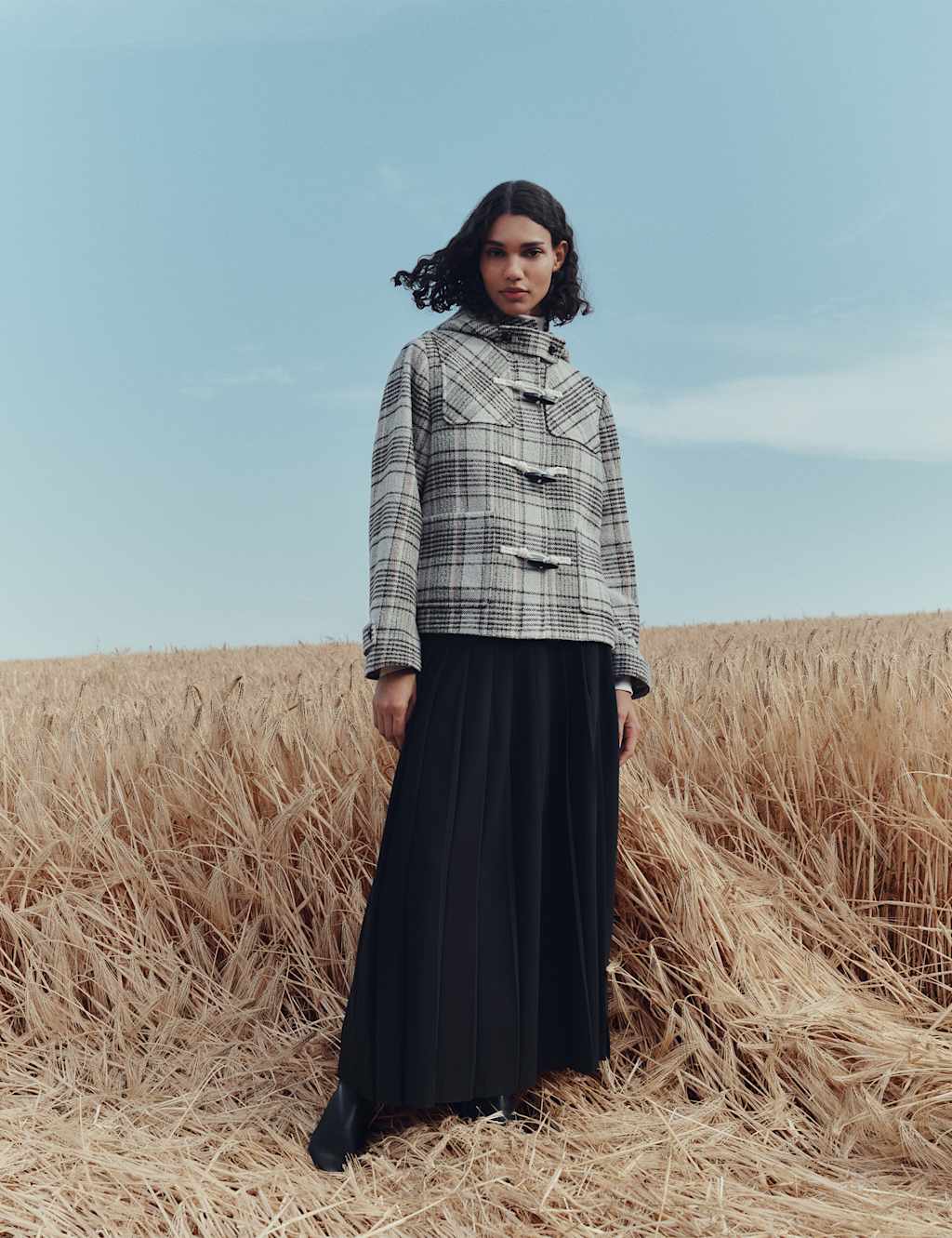 M&S Checked Hooded Duffle Coat With Wool Beige Mix