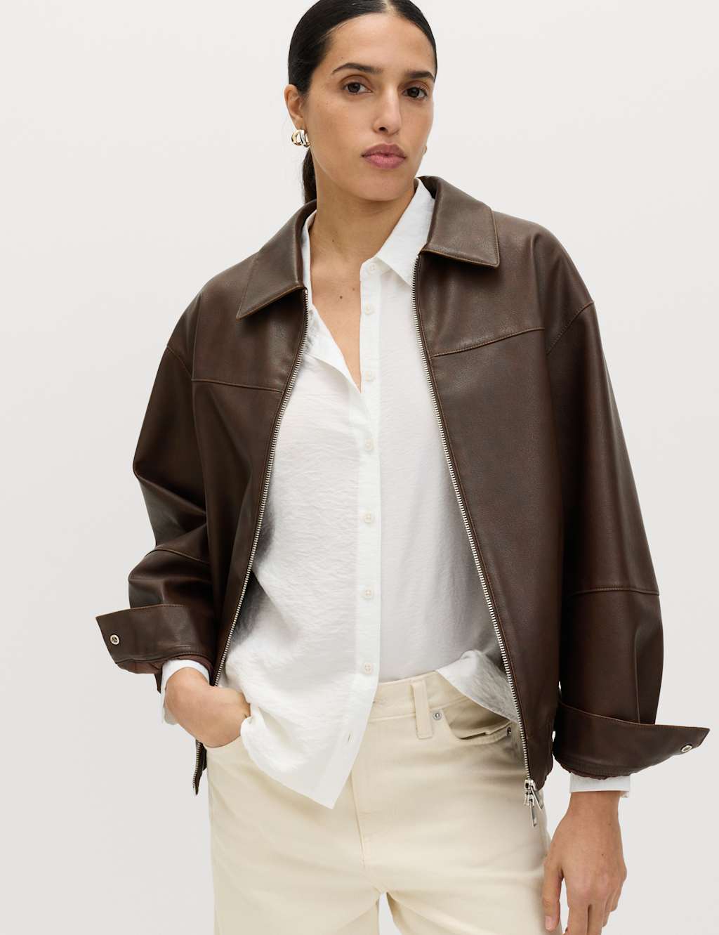 M&S Women's Faux Leather Aged Collared Bomber Jacket - Small - Brown