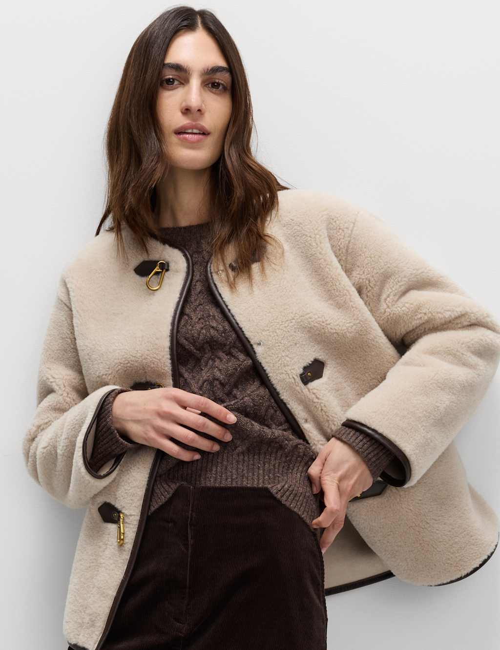 M&S Faux Fur Buckle Trim Coat Light Natural