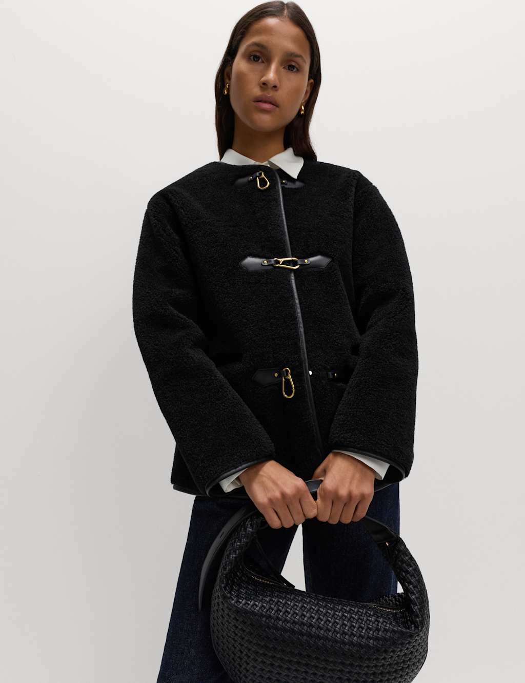 M&S Faux Fur Buckle Trim Coat Black