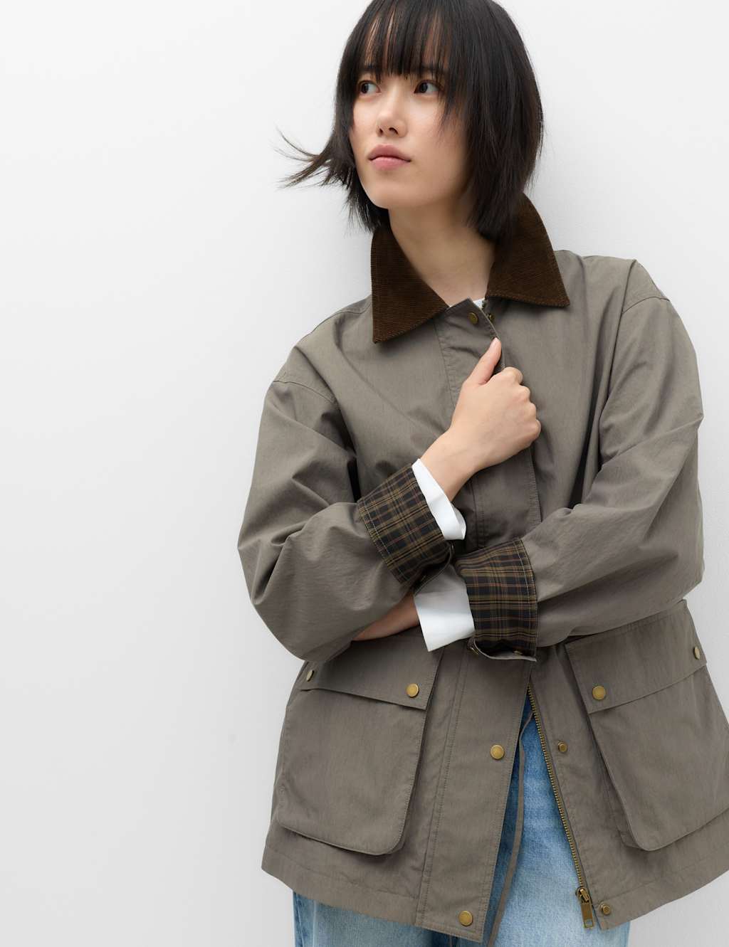 M&S Women's Cotton Rich Collared Barn Jacket - Small - Grey