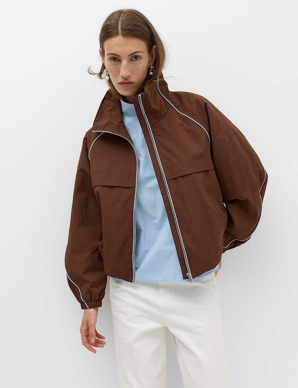 M&S Women's Contrast Piped Funnel Neck Windbreaker Jacket - Medium - Conker