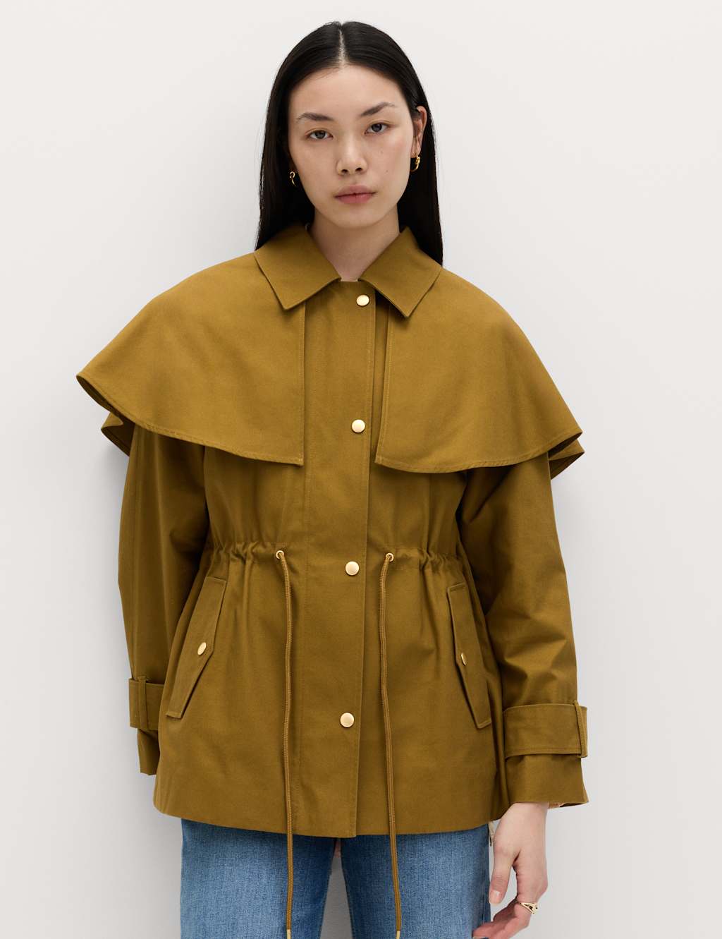 M&S Women's Pure Cotton Waisted Collared Cape Coat - Small - Moss