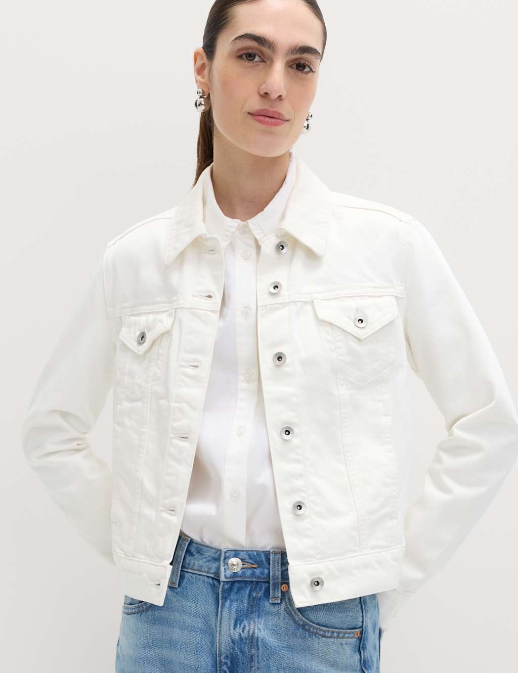 M&S Women's Denim Collared Short Trucker Jacket - 22 - Soft White