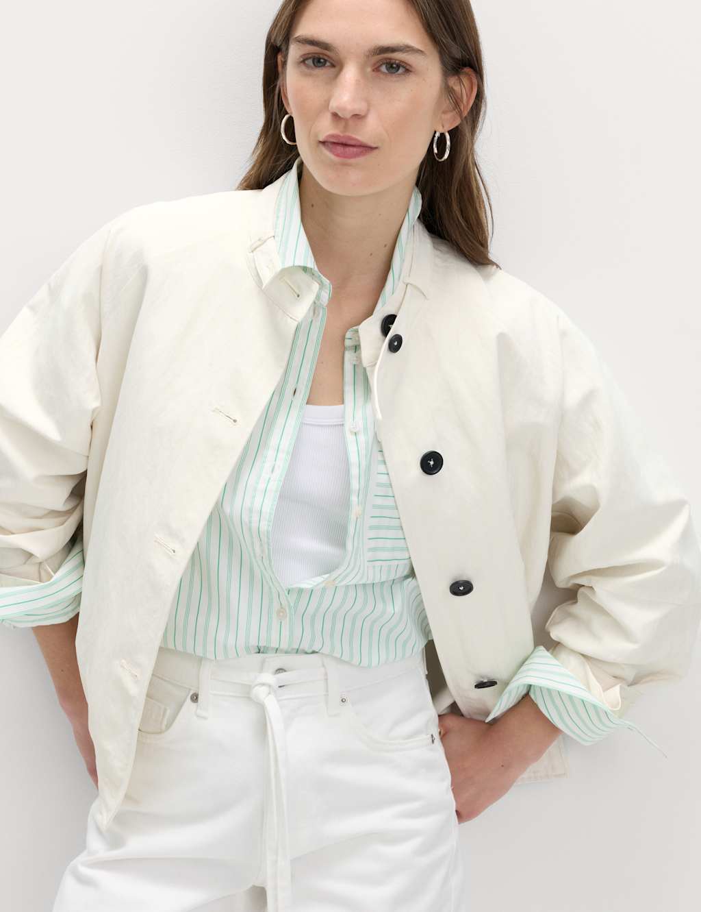 M&S Women's Washed Satin Look Bomber Jacket - 16 - Ecru