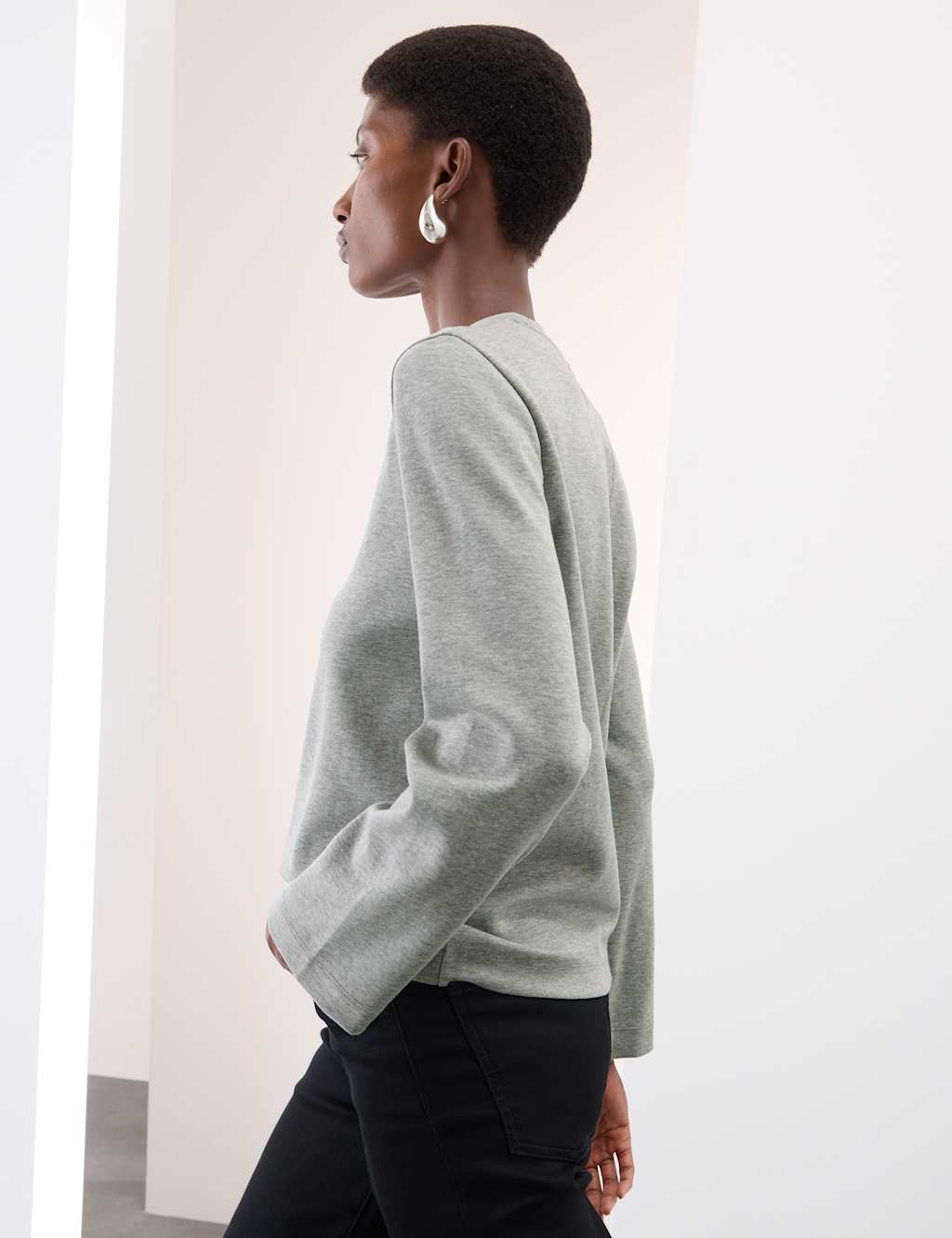 Autograph Cotton Rich Crew Neck Top Mid Grey Marl