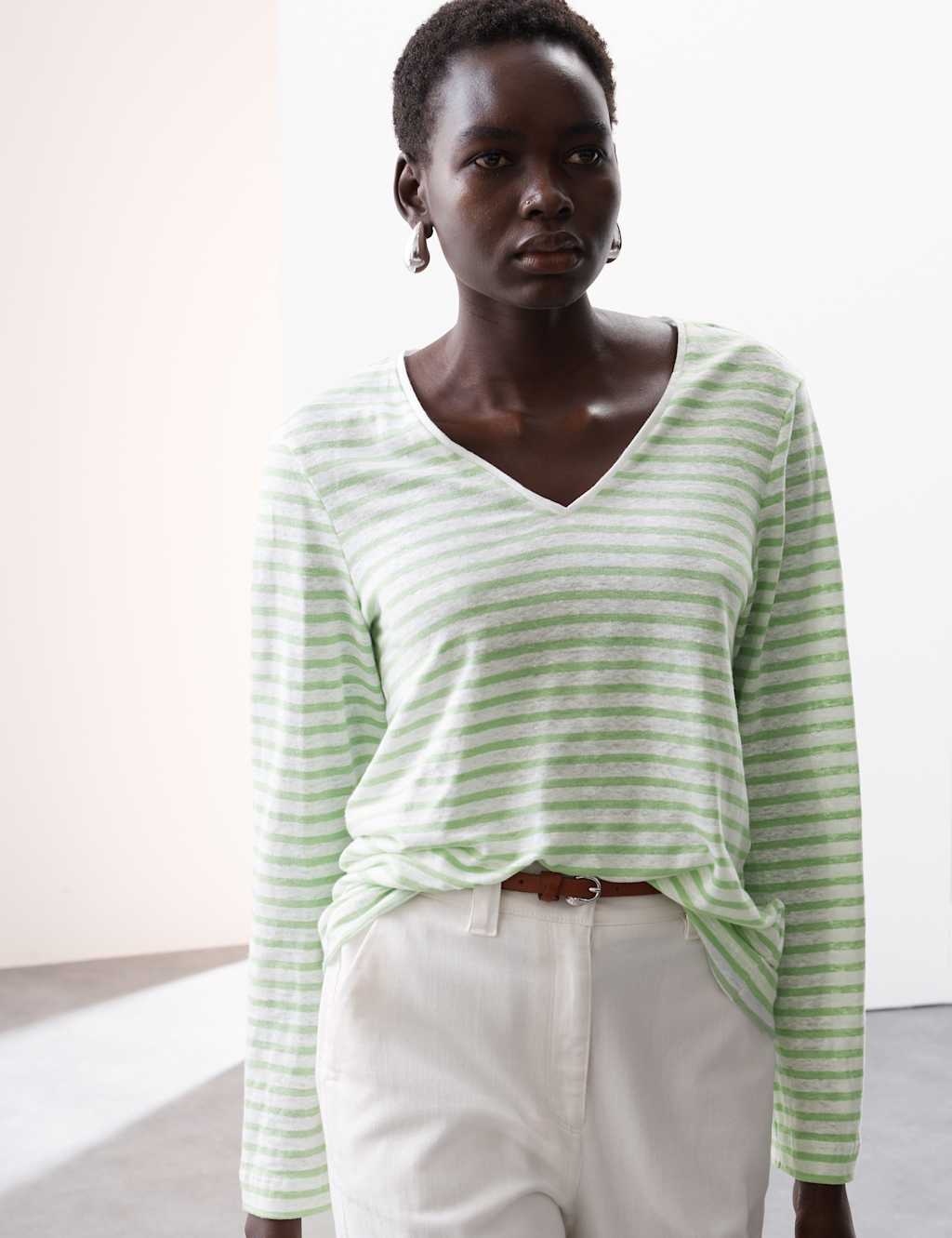Pure Linen Striped V-Neck Top