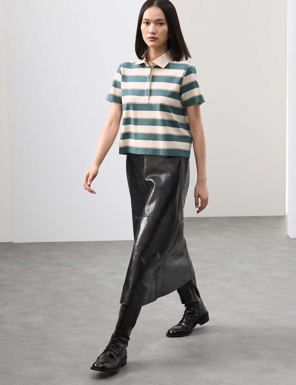 Autograph Jersey Striped Cropped Polo Top Teal Mix