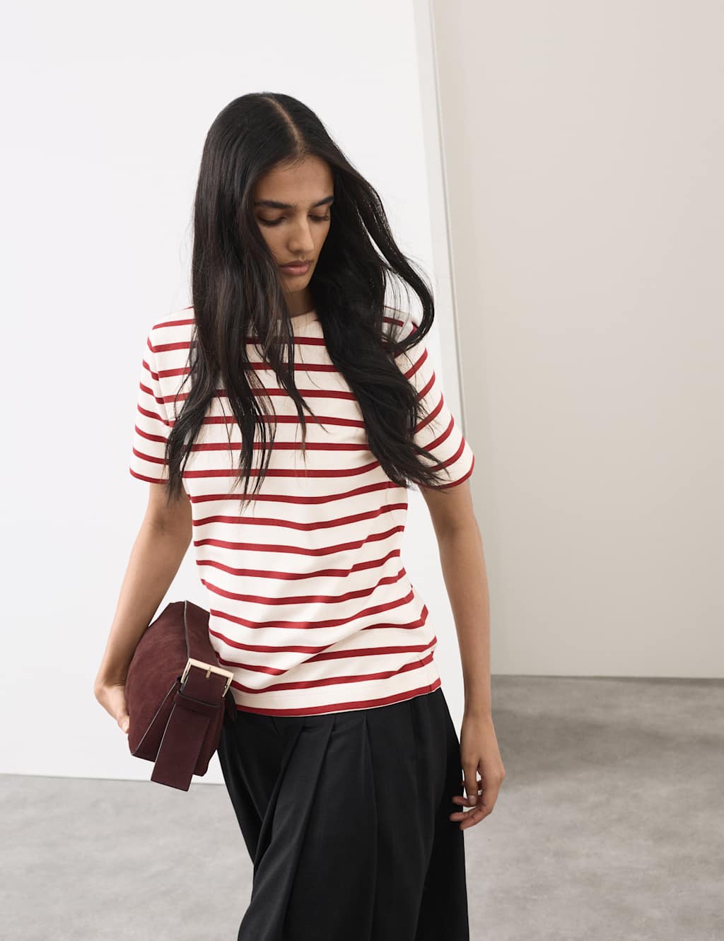 Autograph Women's Cotton Rich Striped T-Shirt - 12 - Dark Red Mix