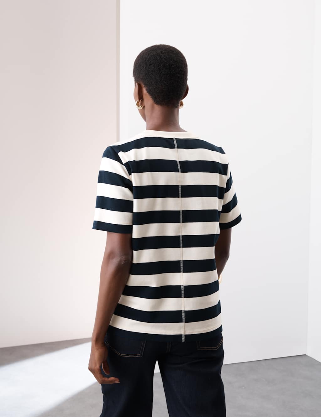Autograph Cotton Rich Striped T-Shirt Navy Mix